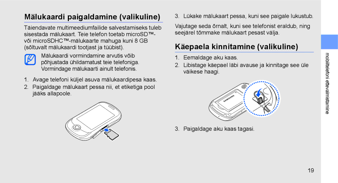 Samsung GT-C3510XKASEB, GT-C3510SIASEB manual Mälukaardi paigaldamine valikuline, Käepaela kinnitamine valikuline 