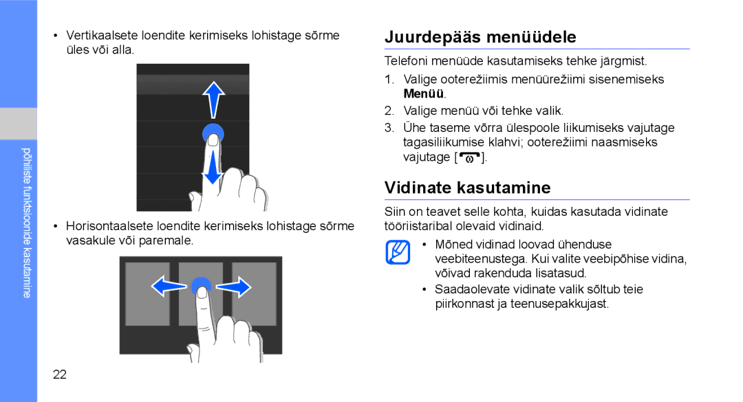 Samsung GT-C3510SIASEB, GT-C3510XKASEB manual Juurdepääs menüüdele, Vidinate kasutamine 