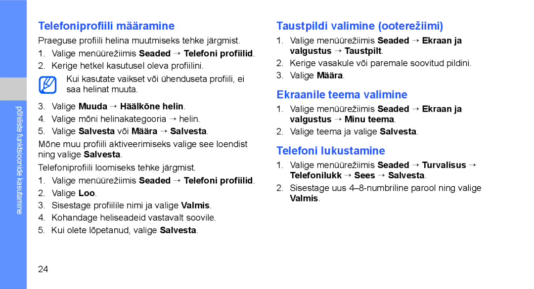 Samsung GT-C3510SIASEB manual Telefoniprofiili määramine, Taustpildi valimine ooterežiimi, Ekraanile teema valimine 