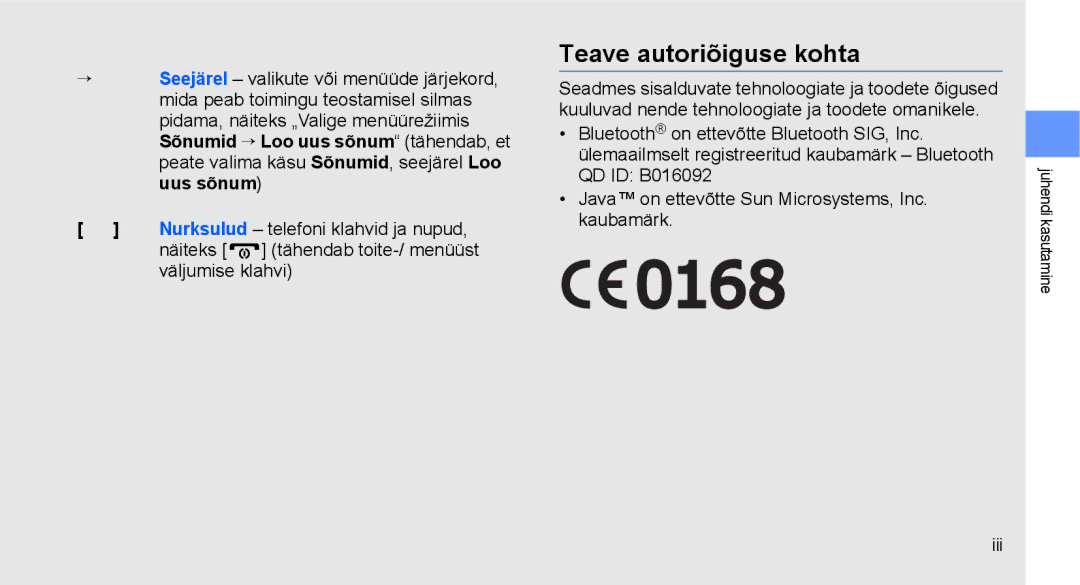 Samsung GT-C3510XKASEB, GT-C3510SIASEB manual Teave autoriõiguse kohta, Näiteks, Väljumise klahvi, Iii 