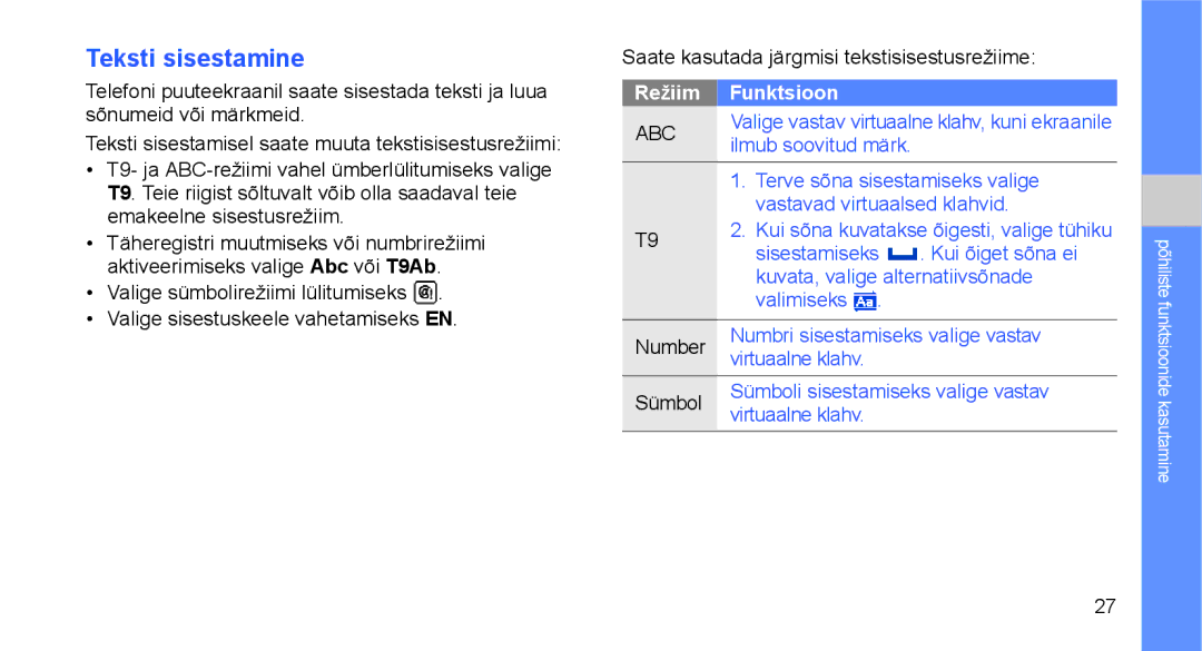 Samsung GT-C3510XKASEB, GT-C3510SIASEB manual Teksti sisestamine, Režiim Funktsioon 