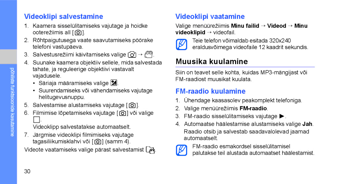 Samsung GT-C3510SIASEB manual Muusika kuulamine, Videoklipi salvestamine, Videoklipi vaatamine, FM-raadio kuulamine 