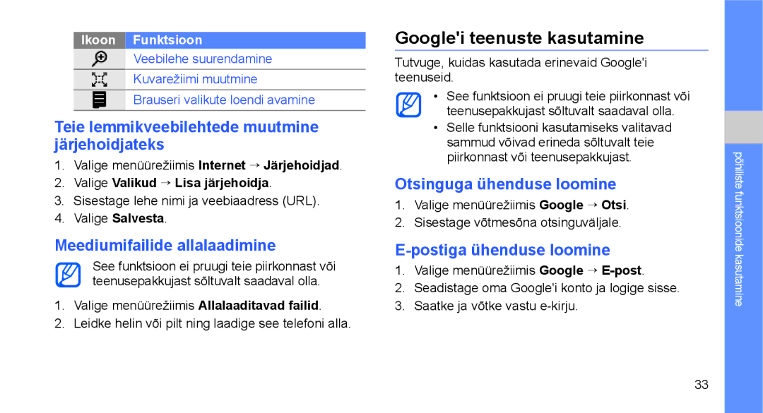 Samsung GT-C3510XKASEB, GT-C3510SIASEB manual Googlei teenuste kasutamine, Teie lemmikveebilehtede muutmine järjehoidjateks 