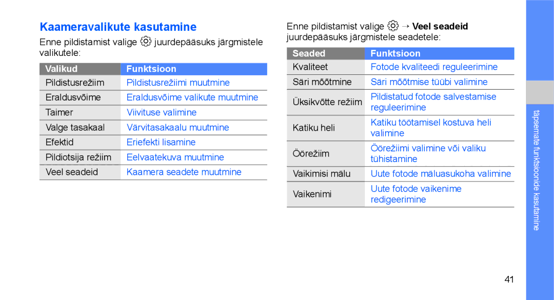 Samsung GT-C3510XKASEB, GT-C3510SIASEB manual Kaameravalikute kasutamine 