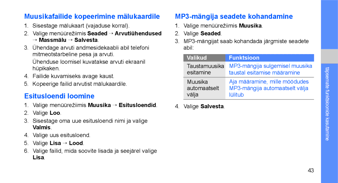 Samsung GT-C3510XKASEB Muusikafailide kopeerimine mälukaardile, Esitusloendi loomine, MP3-mängija seadete kohandamine 