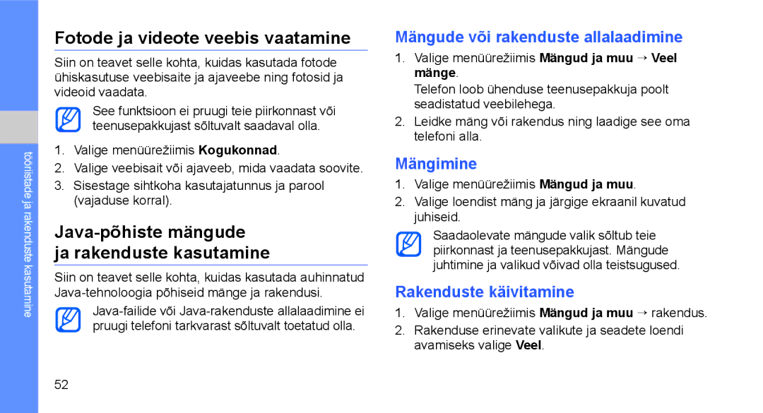 Samsung GT-C3510SIASEB manual Fotode ja videote veebis vaatamine, Java-põhiste mängude Ja rakenduste kasutamine, Mängimine 