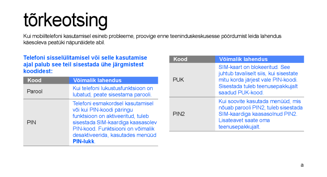 Samsung GT-C3510XKASEB, GT-C3510SIASEB manual Tõrkeotsing 