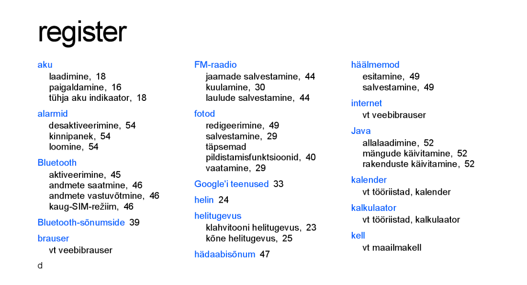 Samsung GT-C3510SIASEB Laadimine, 18 paigaldamine, 16 tühja aku indikaator, Desaktiveerimine, 54 kinnipanek, 54 loomine 