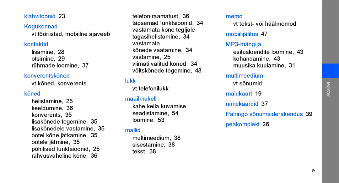 Samsung GT-C3510XKASEB Vt tööriistad, mobiilne ajaveeb, Lisamine, 28 otsimine, 29 rühmade loomine, Vt kõned, konverents 