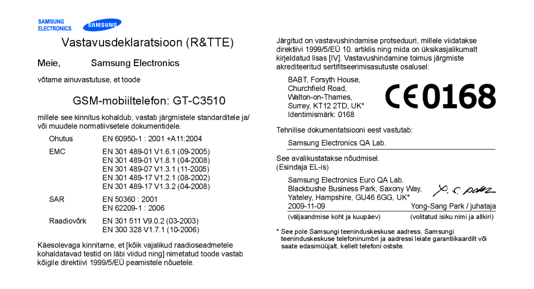 Samsung GT-C3510XKASEB, GT-C3510SIASEB manual Vastavusdeklaratsioon R&TTE, Meie Samsung Electronics 