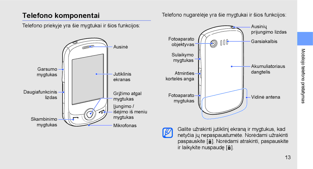 Samsung GT-C3510XKASEB, GT-C3510SIASEB manual Telefono komponentai, Telefono priekyje yra šie mygtukai ir šios funkcijos 