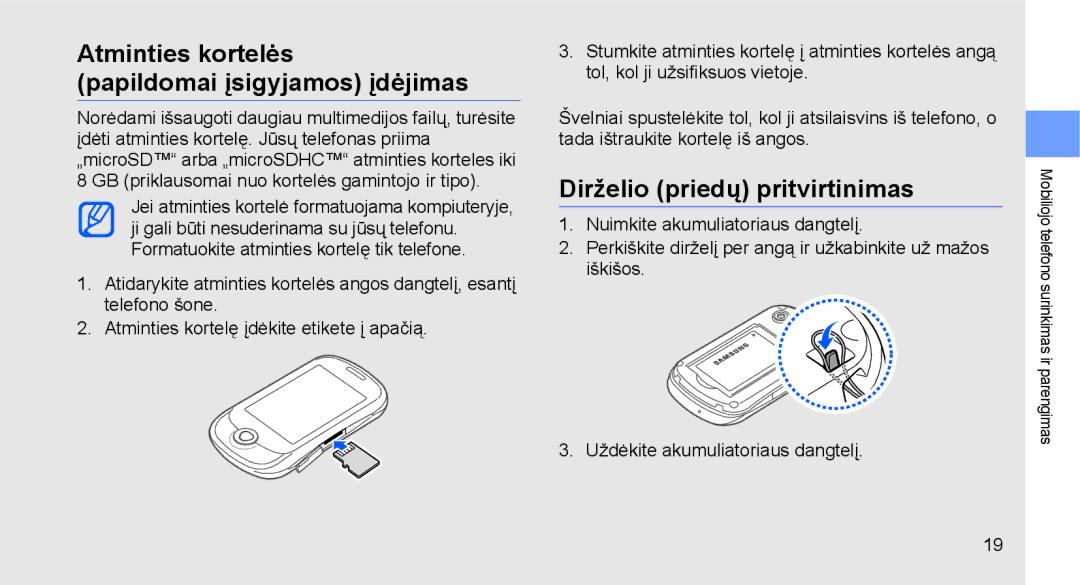 Samsung GT-C3510XKASEB, GT-C3510SIASEB Atminties kortelės Papildomai įsigyjamos įdėjimas, Dirželio priedų pritvirtinimas 