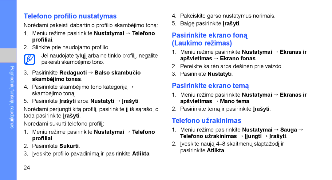 Samsung GT-C3510SIASEB, GT-C3510XKASEB manual Telefono profilio nustatymas, Pasirinkite ekrano temą, Telefono užrakinimas 