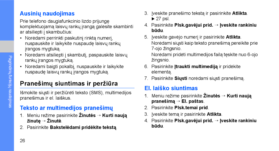 Samsung GT-C3510SIASEB manual Pranešimų siuntimas ir peržiūra, Ausinių naudojimas, Teksto ar multimedijos pranešimų 