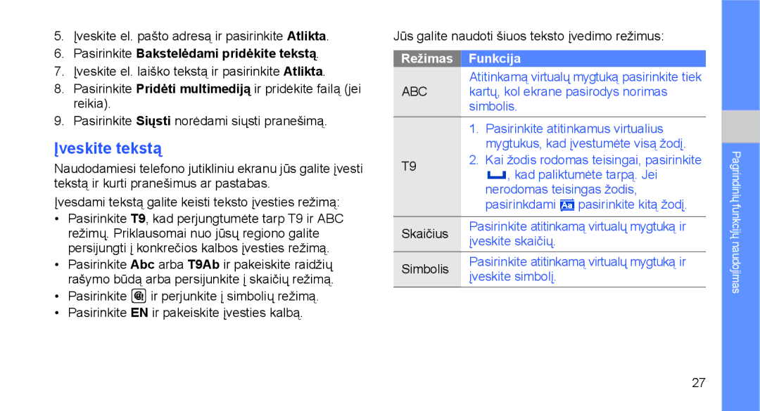 Samsung GT-C3510XKASEB Įveskite tekstą, Įveskite el. pašto adresą ir pasirinkite Atlikta, Pasirinkite, Režimas Funkcija 