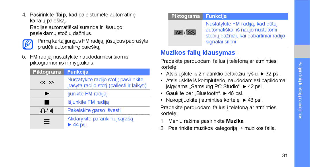 Samsung GT-C3510XKASEB, GT-C3510SIASEB manual Muzikos failų klausymas, Piktograma Funkcija 