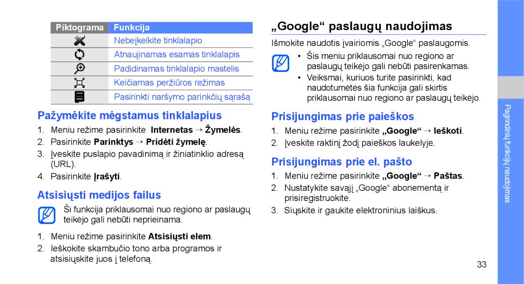 Samsung GT-C3510XKASEB manual „Google paslaugų naudojimas, Pažymėkite mėgstamus tinklalapius, Atsisiųsti medijos failus 