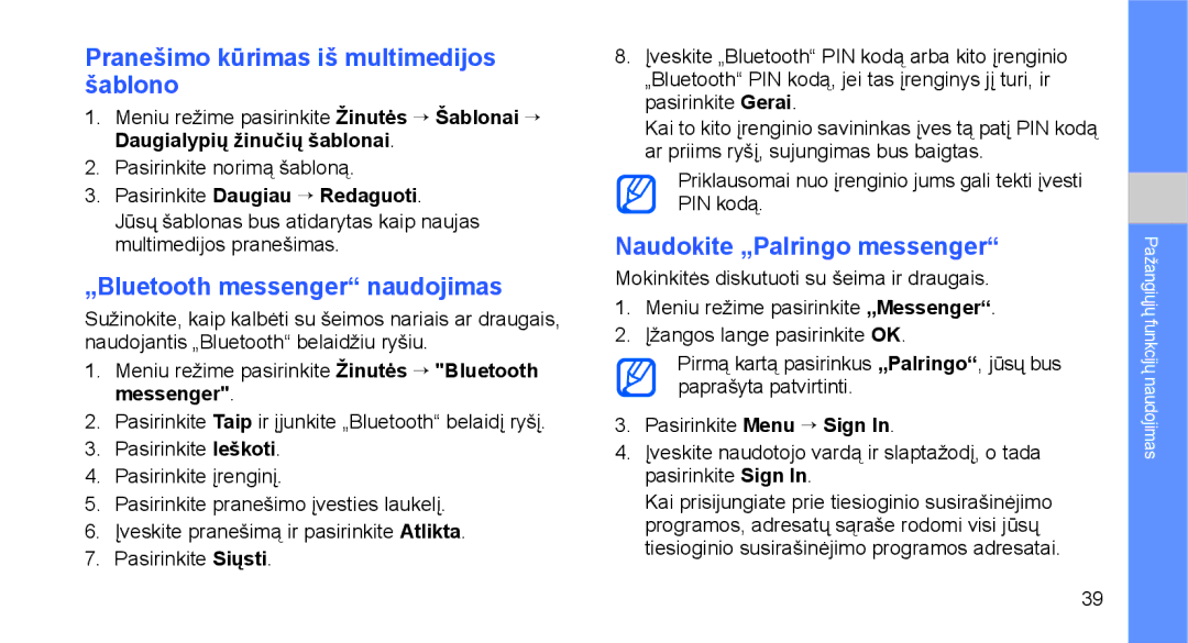 Samsung GT-C3510XKASEB, GT-C3510SIASEB manual Pranešimo kūrimas iš multimedijos šablono, „Bluetooth messenger naudojimas 