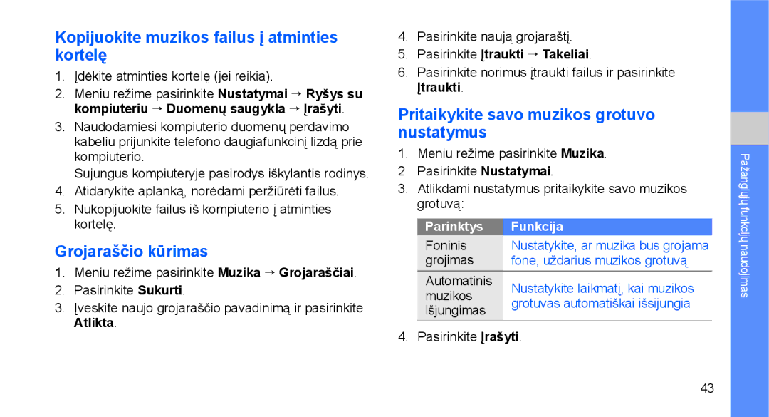 Samsung GT-C3510XKASEB Kopijuokite muzikos failus į atminties kortelę, Grojaraščio kūrimas, Parinktys Funkcija Foninis 