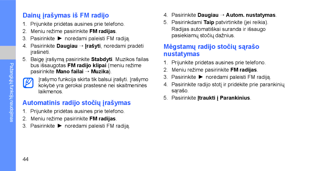 Samsung GT-C3510SIASEB Dainų įrašymas iš FM radijo, Automatinis radijo stočių įrašymas, Pasirinkite Įtraukti į Parankinius 