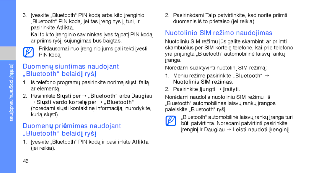 Samsung GT-C3510SIASEB manual Nuotolinio SIM režimo naudojimas, Duomenų siuntimas naudojant „Bluetooth belaidį ryšį 