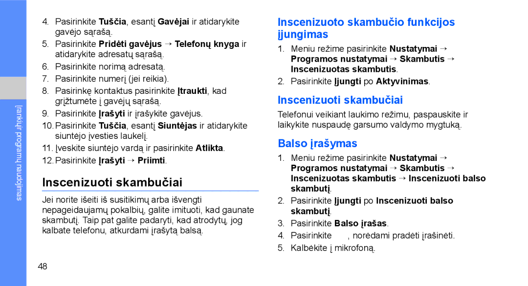 Samsung GT-C3510SIASEB, GT-C3510XKASEB Inscenizuoti skambučiai, Inscenizuoto skambučio funkcijos įjungimas, Balso įrašymas 