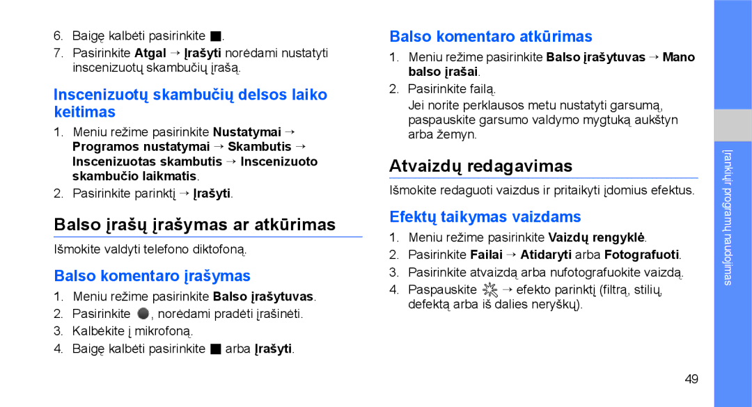 Samsung GT-C3510XKASEB, GT-C3510SIASEB manual Balso įrašų įrašymas ar atkūrimas, Atvaizdų redagavimas 