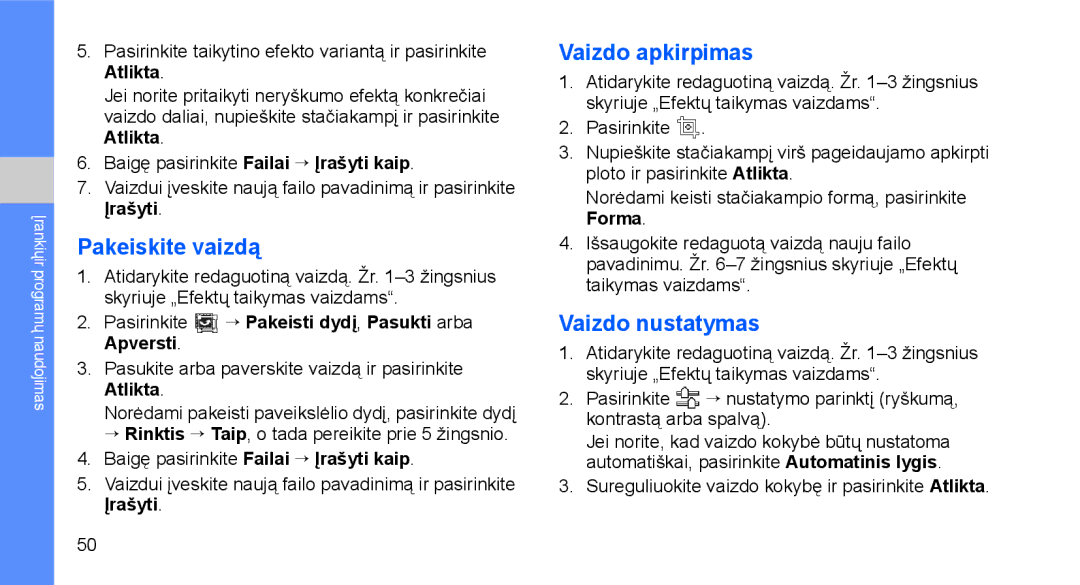 Samsung GT-C3510SIASEB, GT-C3510XKASEB manual Pakeiskite vaizdą, Vaizdo apkirpimas, Vaizdo nustatymas, Įrašyti 