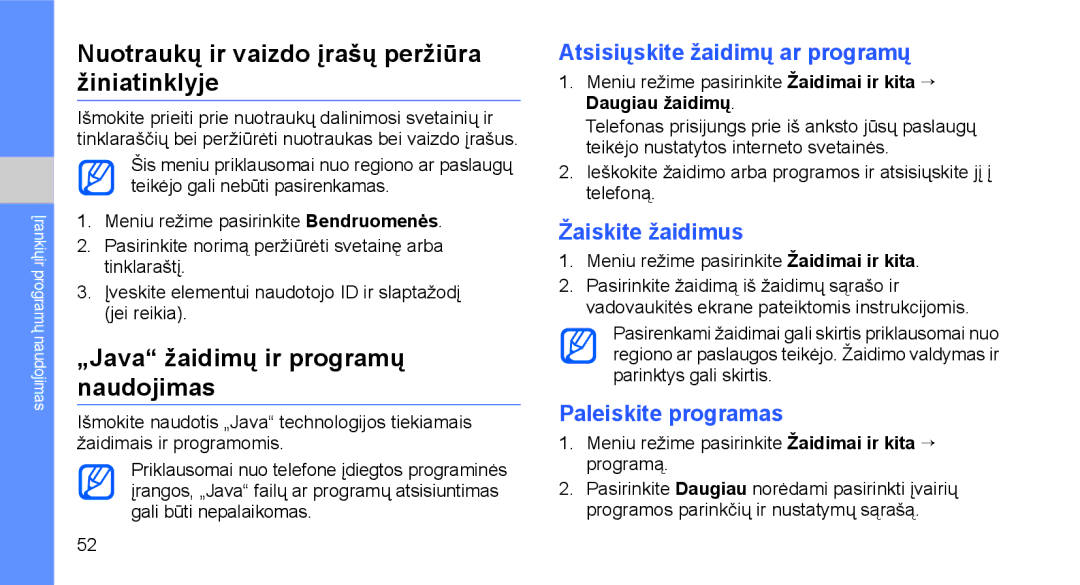 Samsung GT-C3510SIASEB manual Nuotraukų ir vaizdo įrašų peržiūra žiniatinklyje, „Java žaidimų ir programų naudojimas 