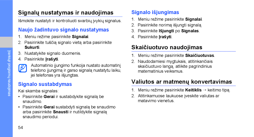 Samsung GT-C3510SIASEB manual Signalų nustatymas ir naudojimas, Skaičiuotuvo naudojimas, Valiutos ar matmenų konvertavimas 