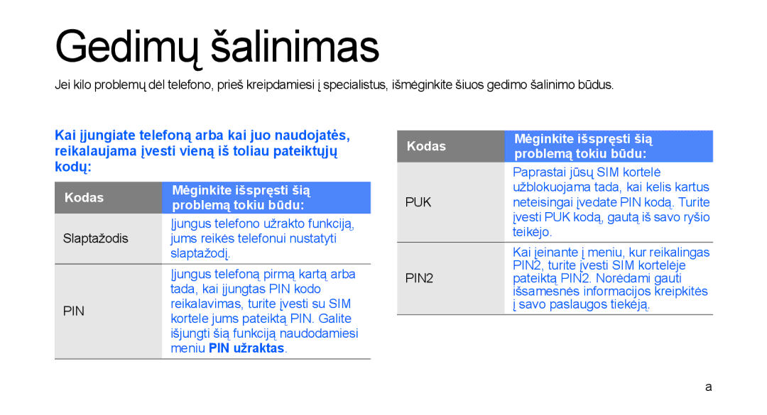 Samsung GT-C3510XKASEB, GT-C3510SIASEB manual Gedimų šalinimas, Kodas Mėginkite išspręsti šią Problemą tokiu būdu 