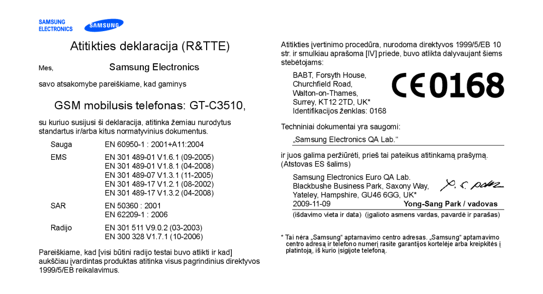 Samsung GT-C3510XKASEB, GT-C3510SIASEB manual Atitikties deklaracija R&TTE 