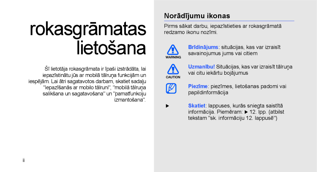 Samsung GT-C3510SIASEB, GT-C3510XKASEB manual Rokasgrāmatas lietošana, Norādījumu ikonas 