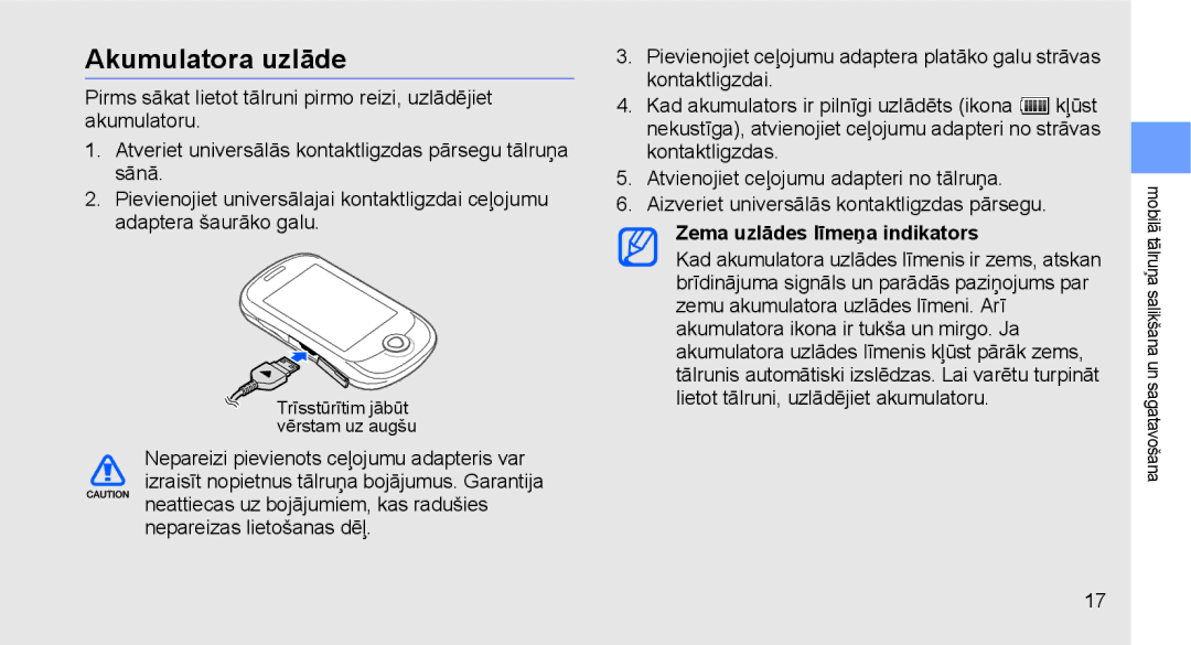 Samsung GT-C3510XKASEB, GT-C3510SIASEB manual Akumulatora uzlāde, Zema uzlādes līmeņa indikators 