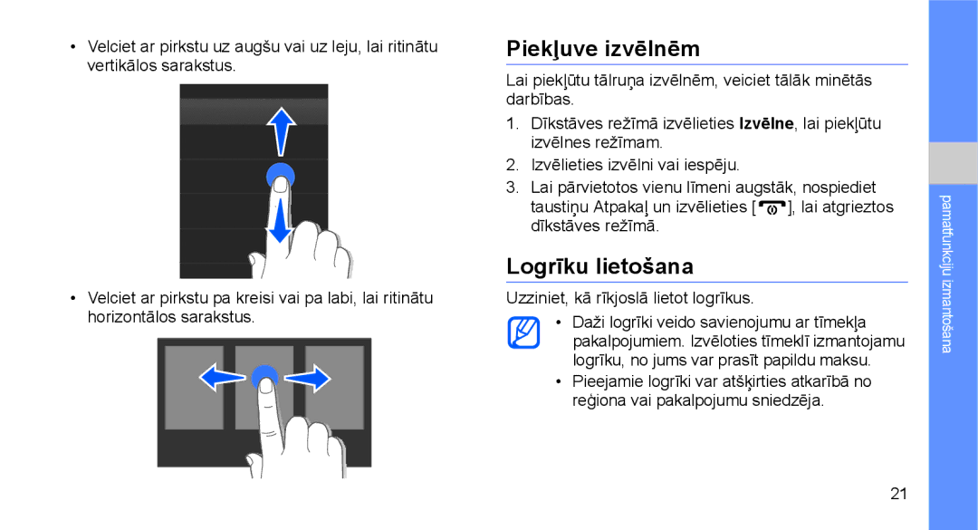 Samsung GT-C3510XKASEB, GT-C3510SIASEB manual Piekļuve izvēlnēm, Logrīku lietošana 