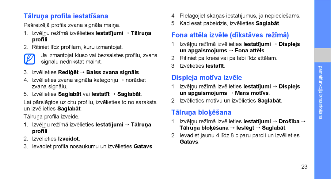 Samsung GT-C3510XKASEB manual Tālruņa profila iestatīšana, Fona attēla izvēle dīkstāves režīmā, Displeja motīva izvēle 