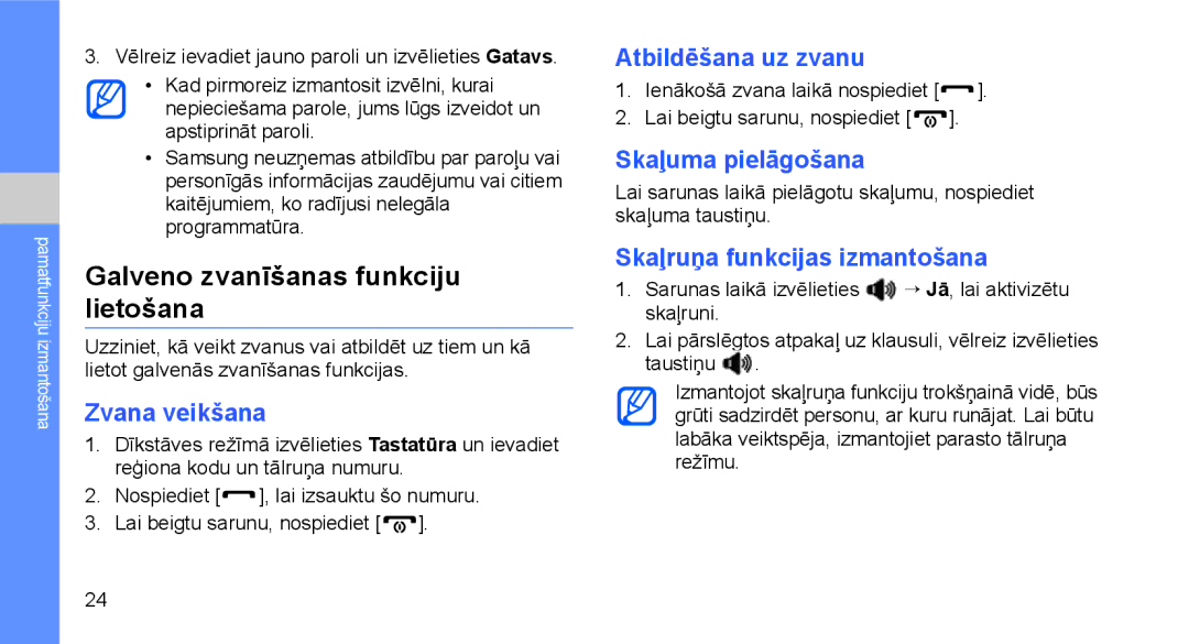 Samsung GT-C3510SIASEB Galveno zvanīšanas funkciju lietošana, Zvana veikšana, Atbildēšana uz zvanu, Skaļuma pielāgošana 