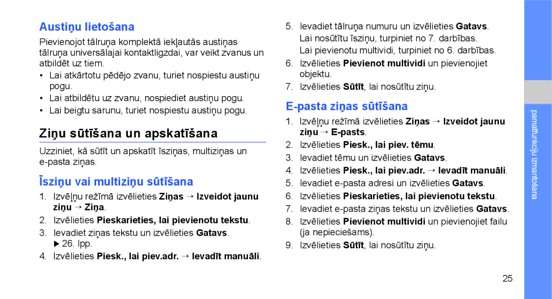 Samsung GT-C3510XKASEB, GT-C3510SIASEB manual Ziņu sūtīšana un apskatīšana, Austiņu lietošana, Īsziņu vai multiziņu sūtīšana 