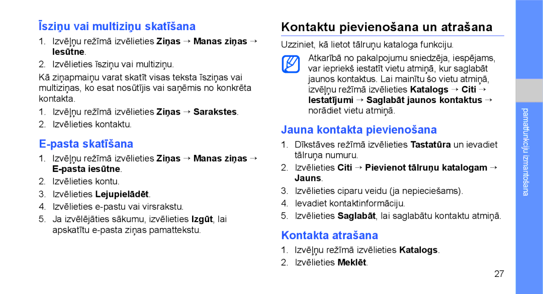 Samsung GT-C3510XKASEB, GT-C3510SIASEB Kontaktu pievienošana un atrašana, Īsziņu vai multiziņu skatīšana, Pasta skatīšana 