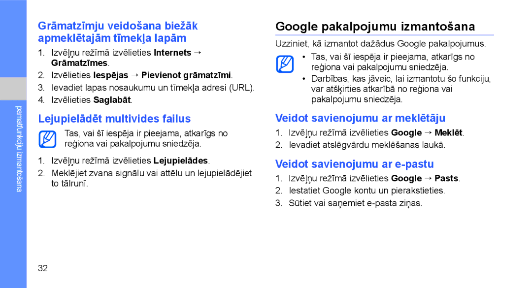 Samsung GT-C3510SIASEB Google pakalpojumu izmantošana, Lejupielādēt multivides failus, Veidot savienojumu ar meklētāju 