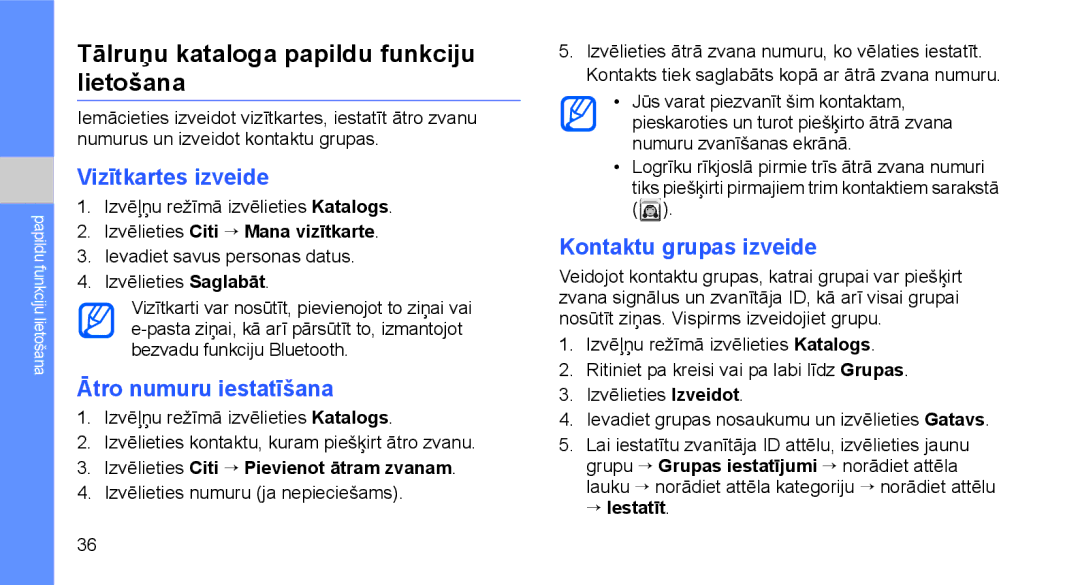 Samsung GT-C3510SIASEB manual Tālruņu kataloga papildu funkciju lietošana, Vizītkartes izveide, Ātro numuru iestatīšana 