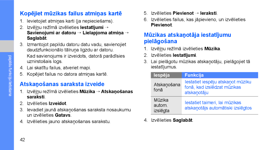 Samsung GT-C3510SIASEB, GT-C3510XKASEB manual Kopējiet mūzikas failus atmiņas kartē, Atskaņošanas saraksta izveide 