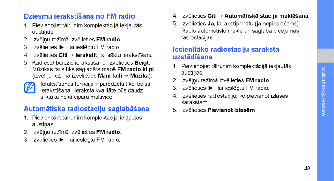 Samsung GT-C3510XKASEB, GT-C3510SIASEB Dziesmu ierakstīšana no FM radio, Iecienītāko radiostaciju saraksta uzstādīšana 