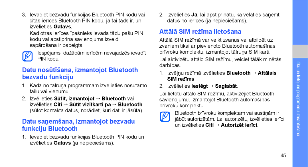 Samsung GT-C3510XKASEB, GT-C3510SIASEB Datu nosūtīšana, izmantojot Bluetooth bezvadu funkciju, Attālā SIM režīma lietošana 