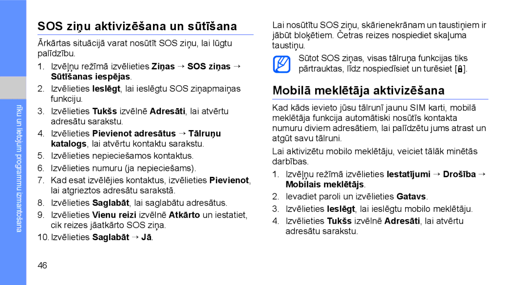 Samsung GT-C3510SIASEB, GT-C3510XKASEB manual SOS ziņu aktivizēšana un sūtīšana, Mobilā meklētāja aktivizēšana 