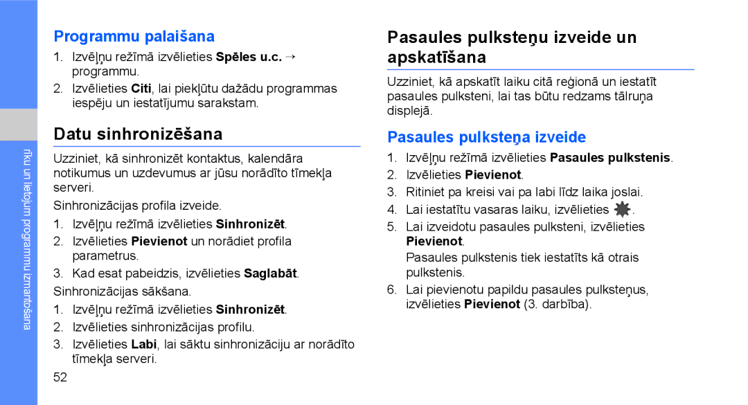 Samsung GT-C3510SIASEB, GT-C3510XKASEB Datu sinhronizēšana, Pasaules pulksteņu izveide un apskatīšana, Programmu palaišana 