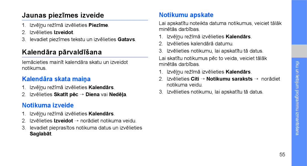 Samsung GT-C3510XKASEB manual Jaunas piezīmes izveide, Kalendāra pārvaldīšana, Kalendāra skata maiņa, Notikuma izveide 