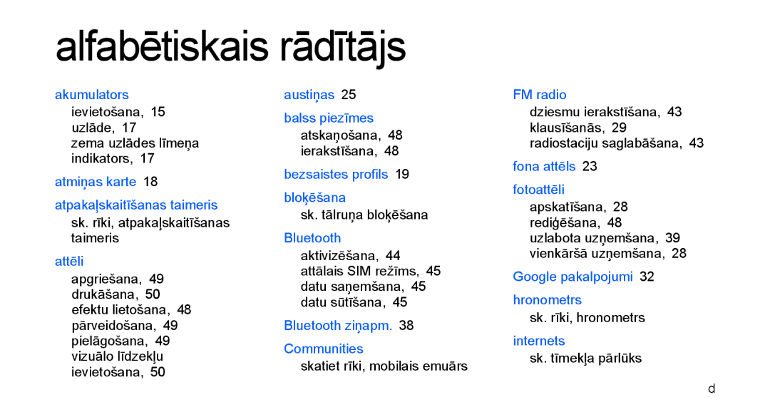 Samsung GT-C3510XKASEB, GT-C3510SIASEB manual Alfabētiskais rādītājs 