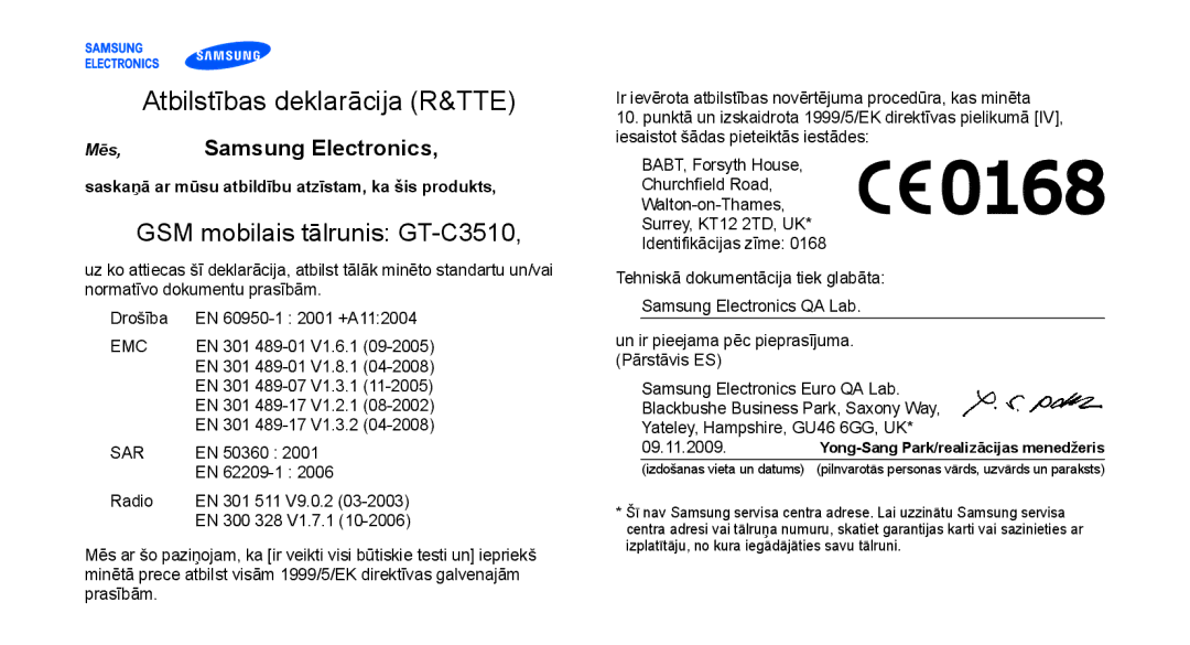 Samsung GT-C3510XKASEB, GT-C3510SIASEB manual Atbilstības deklarācija R&TTE 