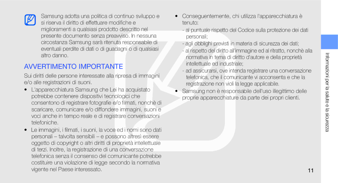 Samsung GT-C3510XKACIT, GT-C3510CWACIT, GT-C3510XKATIM, GT-C3510CWAMOT, GT-C3510DPACIT manual Avvertimento Importante 